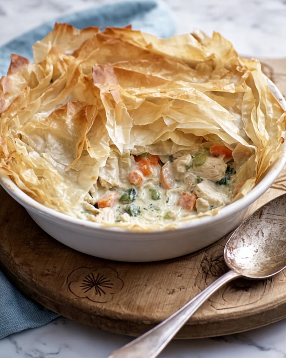 The image shows a white round dish filled with a creamy chicken and vegetable pie topped with a golden, flaky, layered phyllo pastry crust. The crust is slightly cracked revealing a mix of white sauce with chunks of chicken, orange carrots, and green herbs beneath. The dish sits on a round wooden board, which rests on a blue cloth over a white marbled surface. Next to the dish, there is a large, slightly worn silver spoon. Photo taken with an iphone --ar 4:5 --v 7