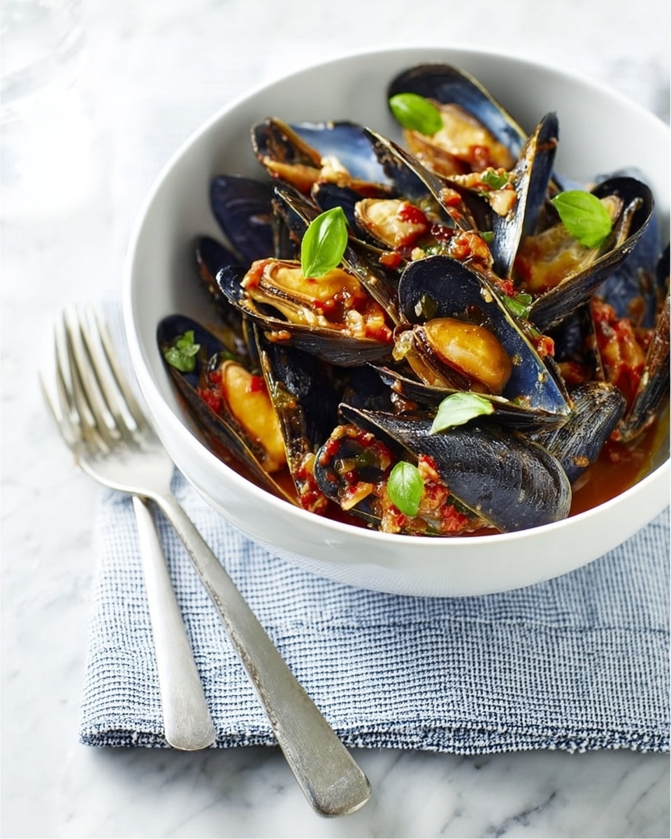 A white bowl filled with dark purple mussels, opened and showing their yellow-orange flesh inside. The mussels are mixed with a light brown sauce and small bits of onions or garlic. Bright green basil leaves are scattered on top for contrast. The bowl sits on a white and blue checkered cloth, which rests on a white marbled surface. In front of the bowl, there are two silver forks placed side by side. photo taken with an iphone --ar 4:5 --v 7