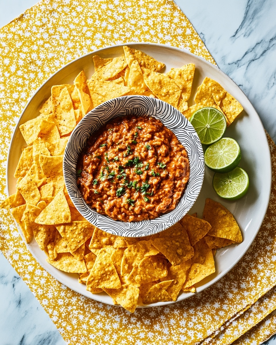 A white plate is filled with triangular yellow tortilla chips spread all around its edge. In the center, there is a white bowl with black marble-like swirls, holding a creamy reddish-orange dip topped with small green chopped herbs. On the plate, near the chips, there are three lime wedges, two green and one yellow-green. The plate sits on a white napkin with gold triangle patterns, all placed on a white marbled surface. photo taken with an iphone --ar 4:5 --v 7