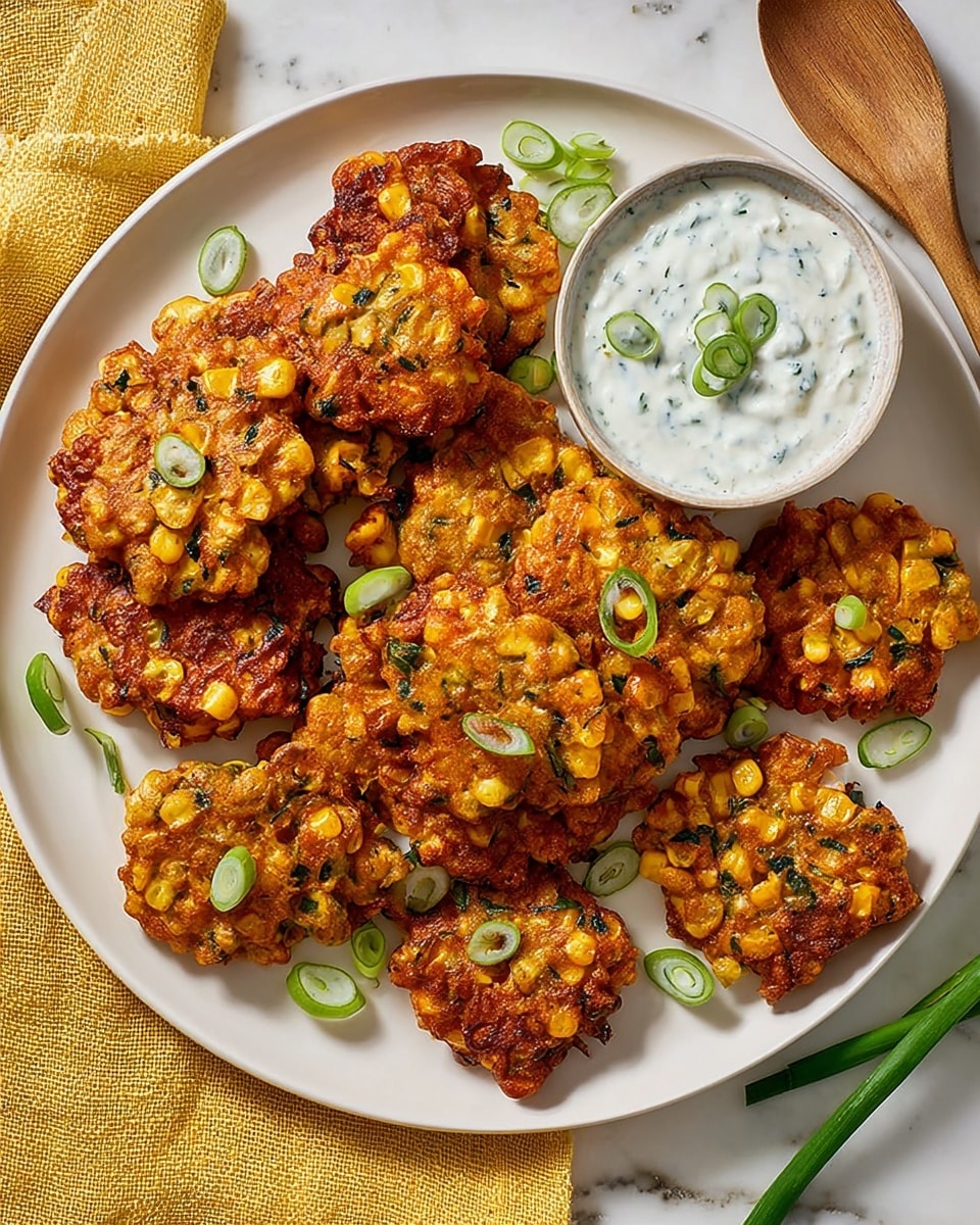 A white plate holds about fifteen golden brown corn fritters with rough, crispy edges and visible pieces of corn and green herbs inside. Thin slices of green onion curls are scattered on top and around the fritters, adding a fresh green color contrast. In the top part of the plate, there is a small white bowl filled with creamy white dipping sauce that has green herbs mixed in it. The plate is set on a white marbled surface with a soft yellow cloth and a wooden utensil nearby, adding a warm, cozy touch. Photo taken with an iphone --ar 4:5 --v 7