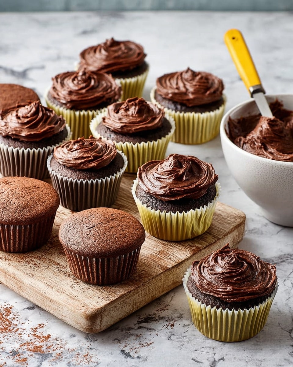 The image shows eleven chocolate cupcakes on a wooden cutting board and a grey surface with a white marbled texture. Six of the cupcakes have smooth, dark brown chocolate frosting swirled on top with a creamy texture, and five cupcakes show the plain textured chocolate cake without frosting. The cupcakes are in shiny golden and white paper liners, with the golden liners mostly at the front and the white liners mixed in. On the right side, there is a white bowl filled with dark brown chocolate frosting and a yellow-handled spatula resting in it. The background is softly blurred with a neutral tone. photo taken with an iphone --ar 4:5 --v 7