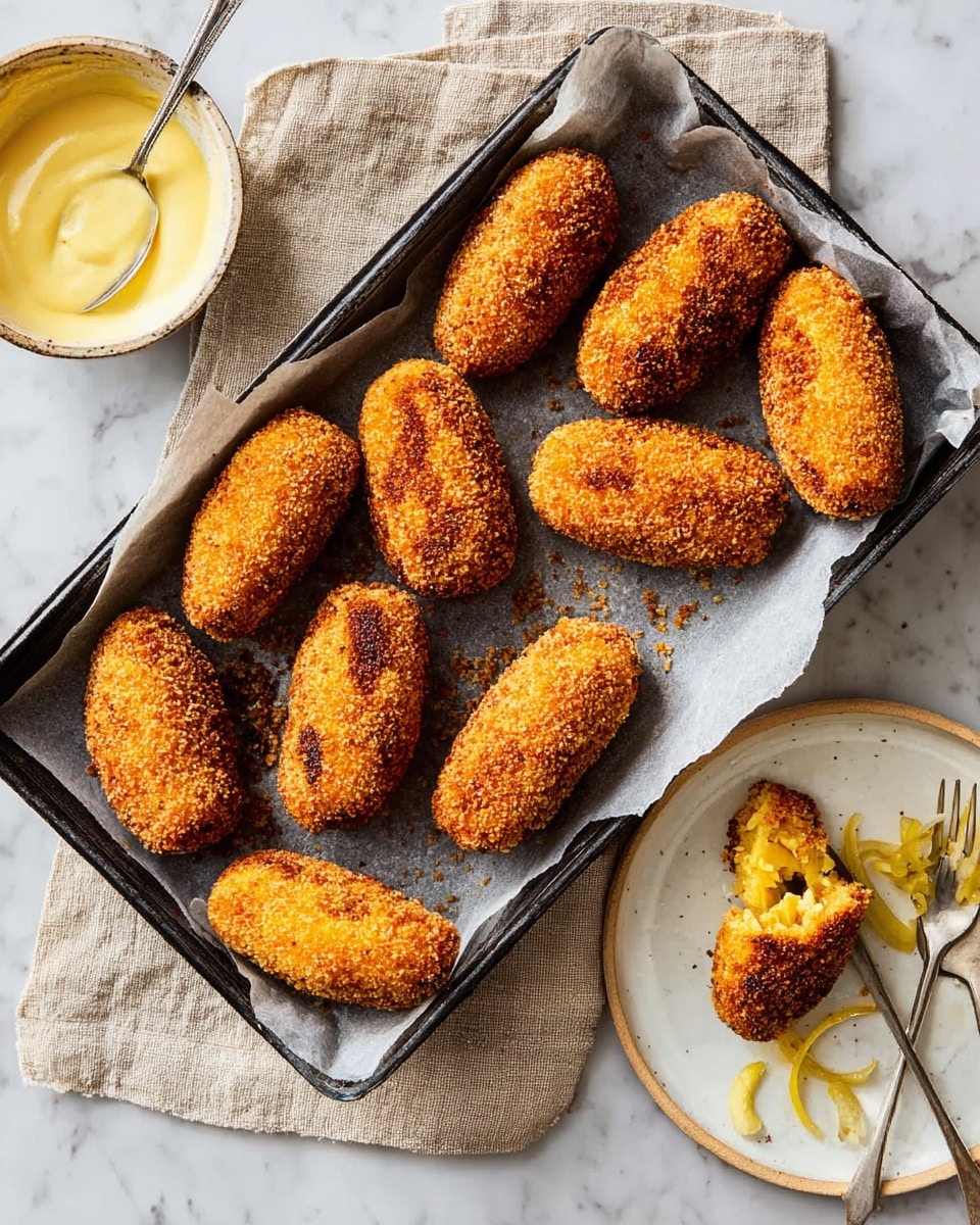 The image shows a baking tray lined with parchment paper holding eleven golden-brown croquettes, each with a crispy, slightly uneven breadcrumb coating. The croquettes are oval-shaped and arranged in a casual, scattered pattern. To the right of the tray, a small white bowl with brown trim contains smooth mustard sauce with a spoon resting inside it. Nearby, a white plate holds some fork-tender croquette crumbs alongside a silver fork, faint mustard dollops on the plate, and some fluffy inside croquette pieces, all placed on a white marbled surface. photo taken with an iphone --ar 4:5 --v 7