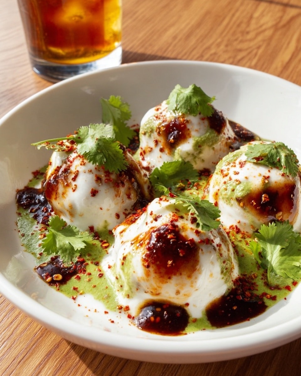 A white plate holds five round dumplings covered in a thick, creamy white yogurt sauce as the first layer. On top of the yogurt, there are two sauces: a dark brown tamarind sauce and a bright green coriander chutney, each drizzled unevenly over the dumplings. The dumplings are garnished with fresh green coriander leaves. The plate sits on a white marbled surface, and a glass of light brown beverage is partially visible in the background. photo taken with an iphone --ar 4:5 --v 7