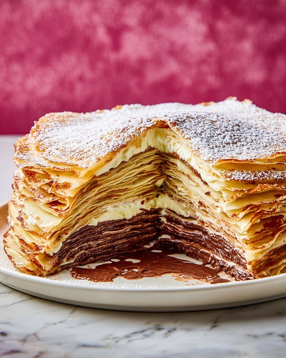 A tall, round crepe cake is shown with many thin layers stacked on a white plate, each layer alternating between light beige crepe and rich dark brown chocolate filling. The cake has a slice cut out, revealing closely packed, even layers inside. The top layer is crepe dusted with white powdered sugar, giving it a soft, powdery look. The sides show some melted chocolate dripping slightly, especially near the cut section. The plate sits on a white marbled surface with a blurred dark pink/red background. Photo taken with an iphone --ar 4:5 --v 7