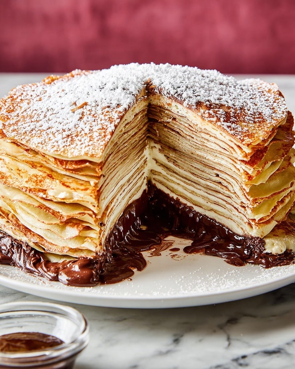 A tall crepe cake with many thin layers stacked evenly on a white plate, showing about 20 light golden brown crepes with a creamy chocolate filling between each layer. The top layer is dusted with white powdered sugar and the side reveals the alternating light crepe and rich dark chocolate layers, some chocolate filling slightly oozing out near the bottom. The plate sits on a white marbled surface with a deep pink textured background. photo taken with an iphone --ar 4:5 --v 7
