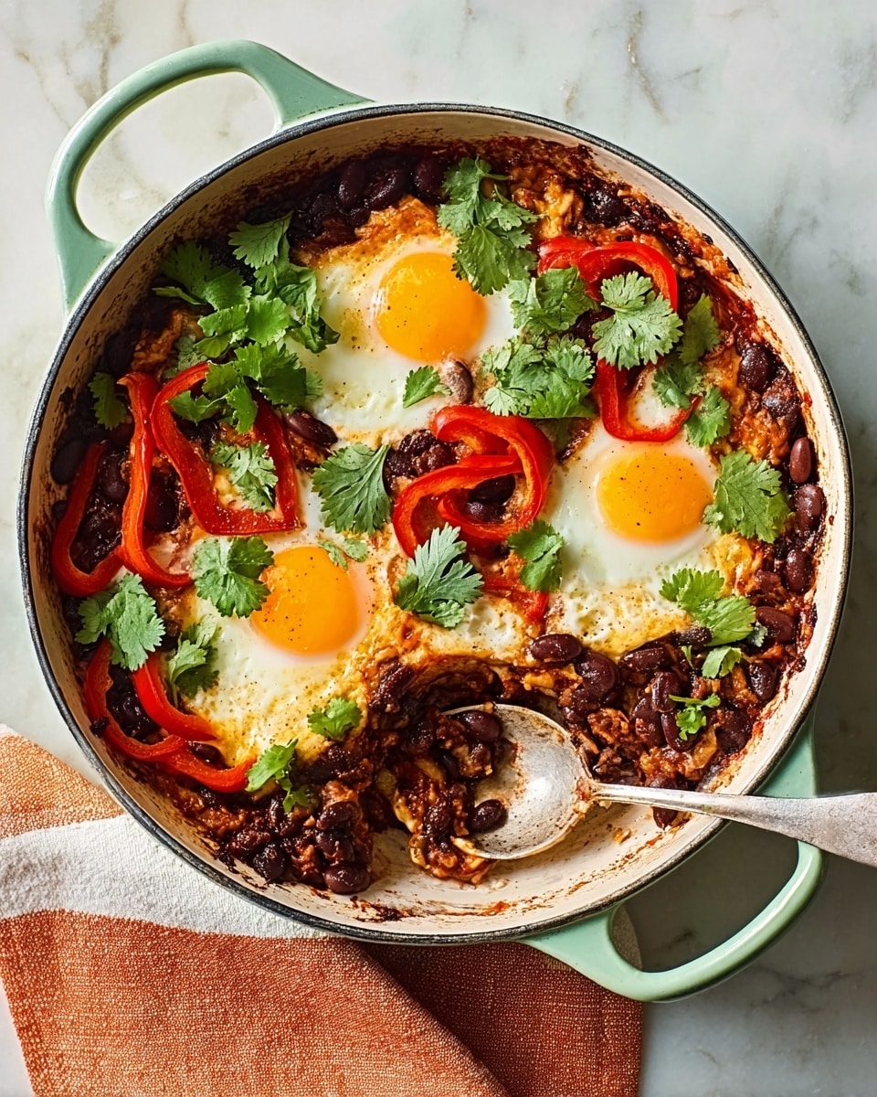 A round white pot filled with a cooked dish consisting of three eggs with bright orange yolks placed evenly within a mix of dark brown beans and pieces of red bell pepper strips scattered throughout. Fresh green cilantro leaves are scattered on top, adding a pop of color. A metal spoon rests on the right side inside the pot, with some of the dish scooped out, showing the chunky texture of the beans and pepper mix. The pot sits on a light brown wooden board, which is on a white marbled surface. photo taken with an iphone --ar 4:5 --v 7