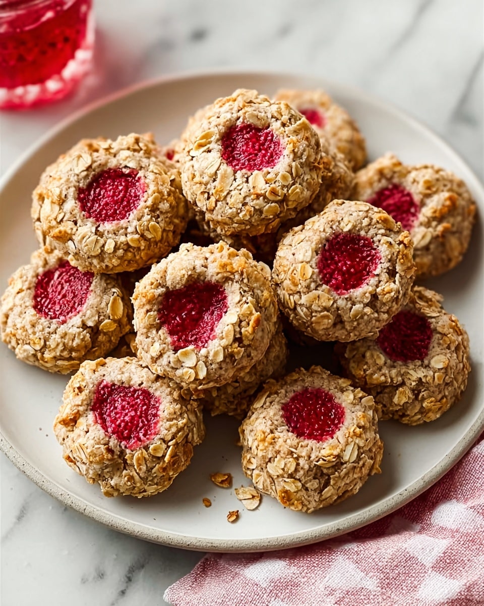 The image shows a white round plate placed on a white marbled surface, filled with about a dozen small, round oatmeal cookies topped with whole fresh strawberries. Each cookie has a golden-brown color and a rough texture from the oats, with a bright red strawberry sitting in the center that contrasts with the cookie's oat-covered edges. A pink and white striped cloth is visible on the side, adding a soft touch to the scene. The overall arrangement displays the cookies piled closely together in the plate. photo taken with an iphone --ar 4:5 --v 7