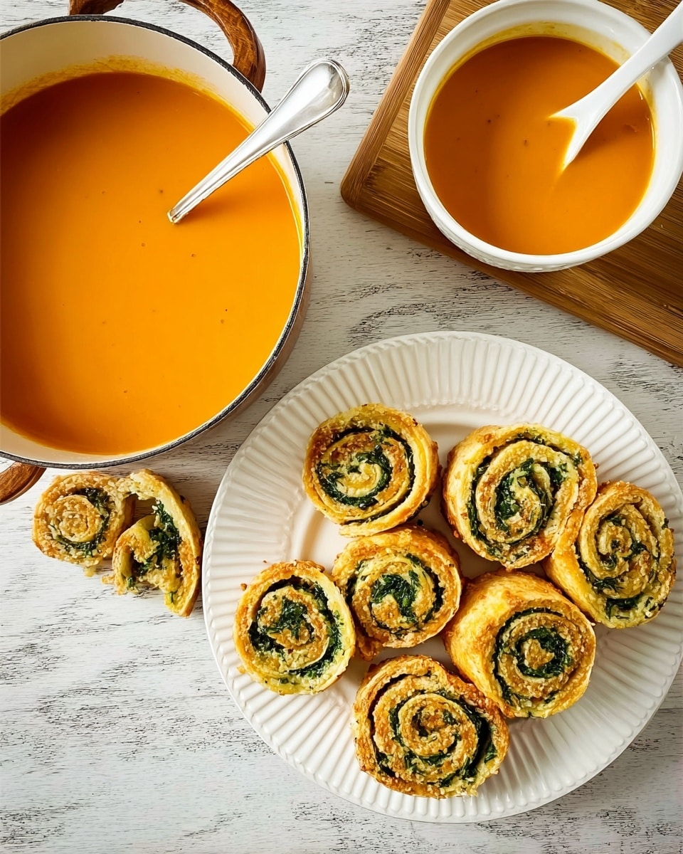 The image shows a wooden table with a white bowl filled with smooth orange soup in the lower left and a white saucepan full of the same soup with a wooden handle and a white ladle inside it on the upper left. On the right side, there is a white textured plate holding seven spiral pastry rolls with layers of golden brown crust and green spinach filling visible inside. Three smaller pieces of the pastry roll lie loose near the plate. The backdrop is a white marbled texture. Photo taken with an iphone --ar 4:5 --v 7
