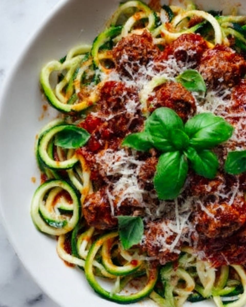 The image shows a close-up of a white plate filled with spiralized yellow zucchini noodles mixed with small meatballs, tomato sauce, and fresh spinach leaves. The zucchini noodles form the base layer, bright yellow and curly, carrying a light texture. On top, rich brown meatballs sit scattered, partially covered by a thick red tomato sauce that adds a glossy, slightly chunky texture. Fresh green spinach leaves and a few whole basil leaves are layered openly, adding freshness and color contrast. Finely grated white cheese is sprinkled lightly over everything, adding a delicate powdery texture. The background is a white marbled surface. Photo taken with an iphone --ar 4:5 --v 7