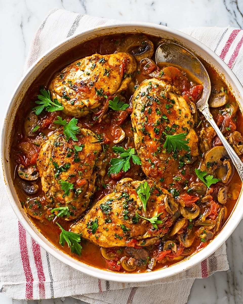 A white round ceramic baking dish filled with four golden-brown cooked chicken breasts placed close together in a rich reddish-brown sauce with visible pieces of sliced mushrooms, tomato chunks, and green herbs scattered on top, garnished with fresh green parsley leaves. The sauce looks thick and savory, covering the chicken slightly, with hints of green pepper strips among the ingredients. The dish is set on a white marbled surface, with a silver fork partially visible on the side. Photo taken with an iphone --ar 4:5 --v 7