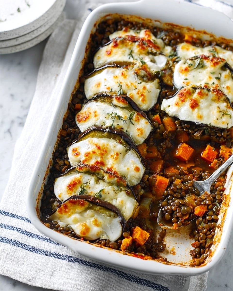 A white rectangular dish holds a baked layered casserole. The bottom layer looks like a mix of cooked lentils and diced vegetables in a dark brown sauce, with visible orange chunks likely sweet potato or carrot. On top, there are large, flat slices of grilled zucchini, pale green with browned, slightly charred spots, covering most of the lentil mix. The layers have a rustic, hearty feel with the lentils peeking through around the edges. The dish sits on a white cloth with blue stripes over a white marbled surface. A silver spoon is partially visible to the side. Photo taken with an iphone --ar 4:5 --v 7