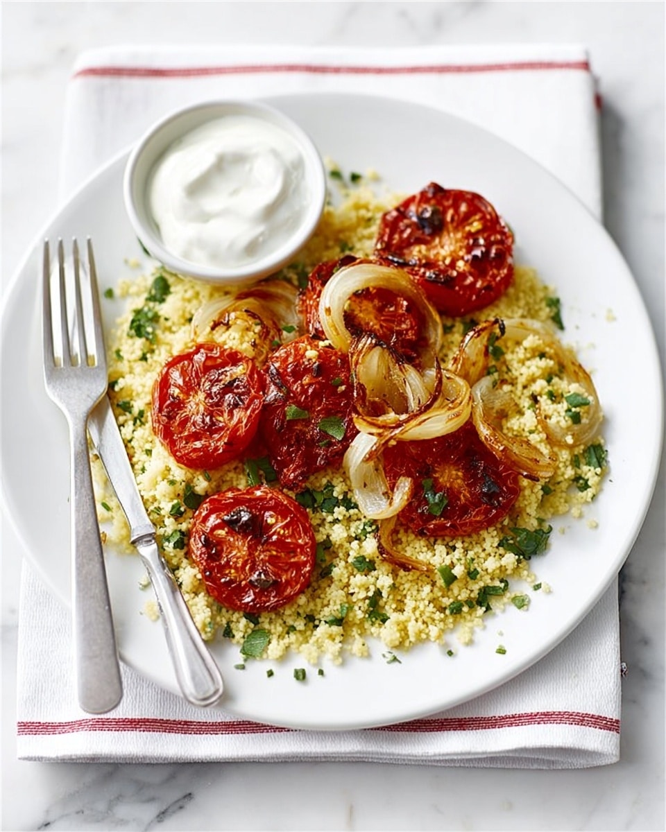 A white plate holds a dish layered with light yellow couscous mixed with small green herbs, forming the base layer that covers most of the plate. On top of the couscous are grilled tomato halves, each with a deep red color and slight charring on their surface, arranged in a single row near the center. Eyedrop thin slices of pale golden-brown caramelized onions are scattered on the tomatoes and couscous. To the side of the plate is a small white bowl filled with smooth white yogurt or sauce. Next to the plate, a silver fork rests on the left and a silver knife on the right, both lying on a white cloth with a red stripe. The background is a white marbled texture. photo taken with an iphone --ar 4:5 --v 7