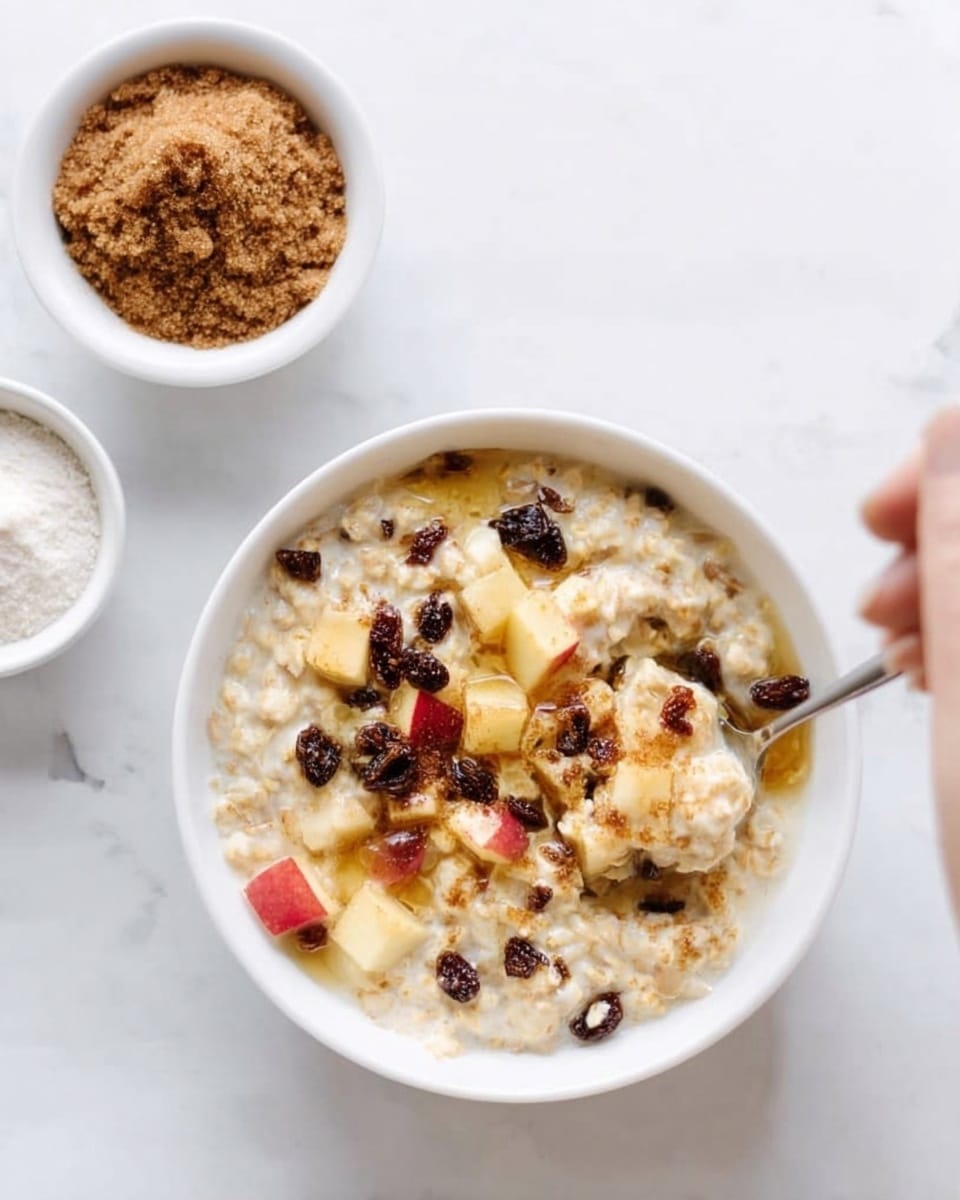 The image shows two white bowls on a white marbled surface. The larger bowl on the left is filled with a creamy mixture that has visible chunks of red apple pieces, dark raisins, and a light dusting of brown powder on top, creating a textured and colorful look. The smaller bowl on the right contains loose brown sugar, forming an even heap with a grainy texture. The scene is bright and clean with a simple, fresh feel. Photo taken with an iphone --ar 4:5 --v 7