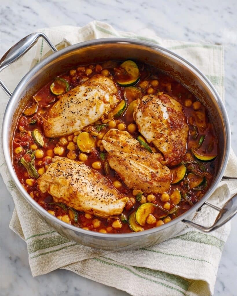 One-Pot Moroccan Chicken with Chickpeas, Tomato, and Harissa Recipe
