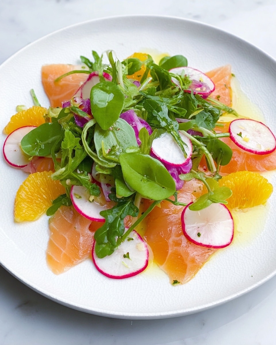 A white plate holds a fresh and colorful salad starting with a base layer of thin, light pink slices of smoked salmon arranged flat. On top of this are several bright orange segments placed irregularly around the plate. Over the salmon and oranges lies a mix of green watercress leaves and thin slices of purple edged, white radish spread freely, adding texture and color contrast. Tiny bits of purple onion are mixed into the greens. A light drizzle of clear oil with herbs is visible on the salmon and plate, enhancing the fresh look. The background shows a white marbled texture. photo taken with an iphone --ar 4:5 --v 7