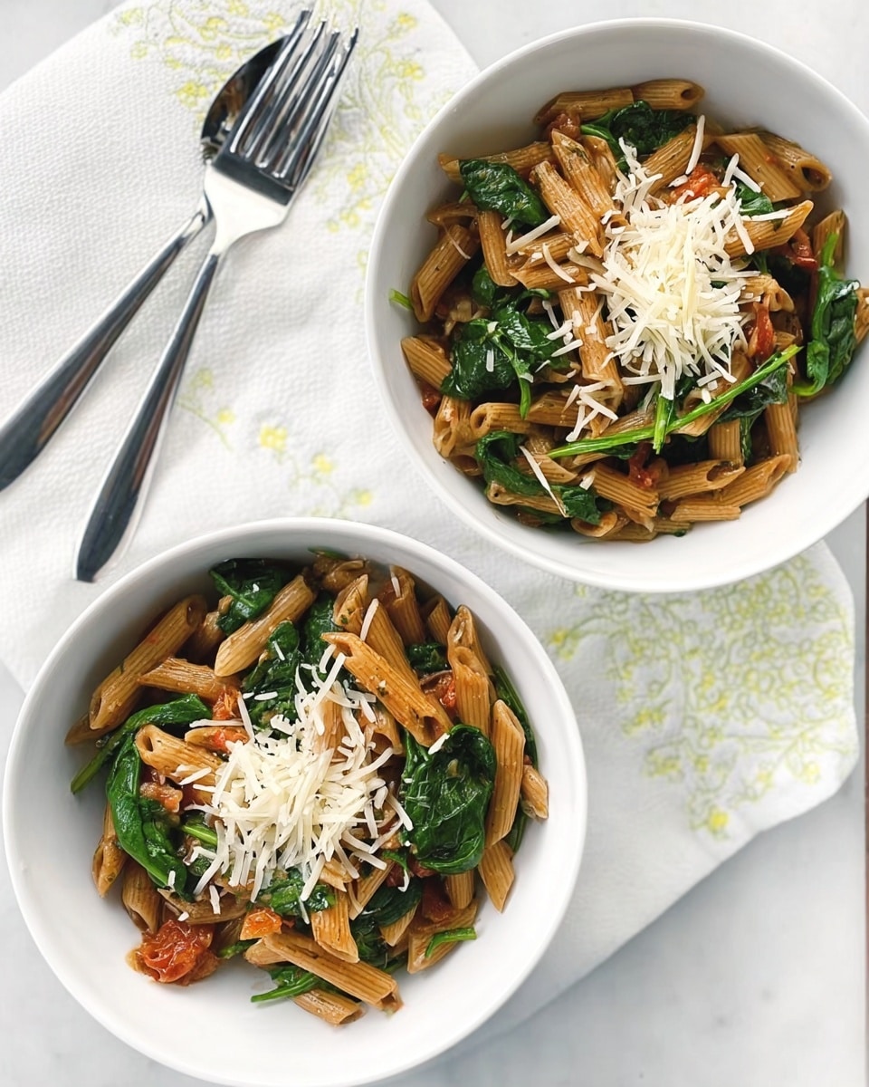 Two white bowls are filled with cooked penne pasta mixed with green spinach leaves and small pieces of orange-red tomatoes. On top of each bowl, there is a small pile of shredded white cheese. The bowls sit on a white marbled surface with a white cloth napkin that has light green and yellow embroidery, and two silver forks lay above the bowls. The light is soft and natural, highlighting the textures of the pasta, spinach, and cheese. Photo taken with an iphone --ar 4:5 --v 7