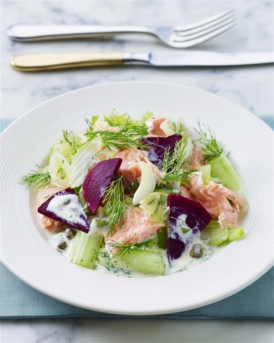 A white plate holds a fresh salad arranged in a loose pile with about five layers. The bottom layer has light green celery sticks with a crunchy texture, mixed with bright green dill sprigs scattered around. On top, there are chunks of light pink cooked salmon, soft and flaky in texture. Purple beet pieces add a deep earthy color, cut into triangular shapes and placed around the plate. Thin slices of pale cucumber with a translucent look and small green leaves are spread evenly across the salad. A white creamy dressing with green herb pieces is drizzled over the top, adding a smooth and rich contrast. The plate rests on a white marbled surface with a partially visible silver fork and knife to the upper left corner, and a green cloth napkin below the plate. photo taken with an iphone --ar 4:5 --v 7