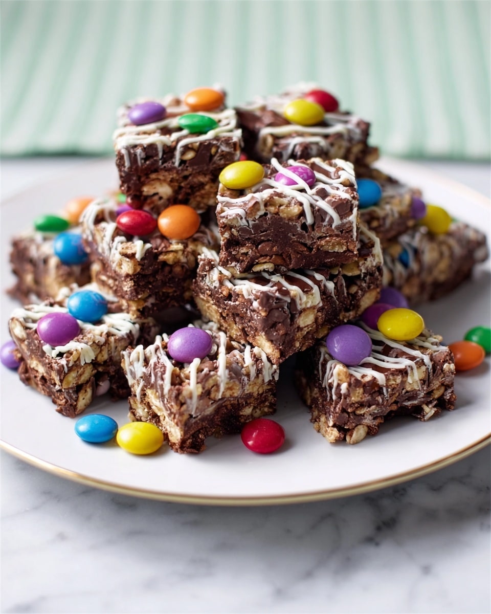 A tall stack of chocolate rice crispy treats with a rough, chunky texture made from dark brown chocolate and crispy cereal pieces. Each treat is square-shaped and layered one on top of another on a white plate with a gold rim. The treats have drizzle of white icing on top and are decorated with small, round candies in bright colors like purple, red, yellow, blue, orange, and green scattered all over the stack. The plate sits on a white marbled surface with a faint green checkered cloth underneath it. The colors of the candy stand out against the dark chocolate. photo taken with an iphone --ar 4:5 --v 7