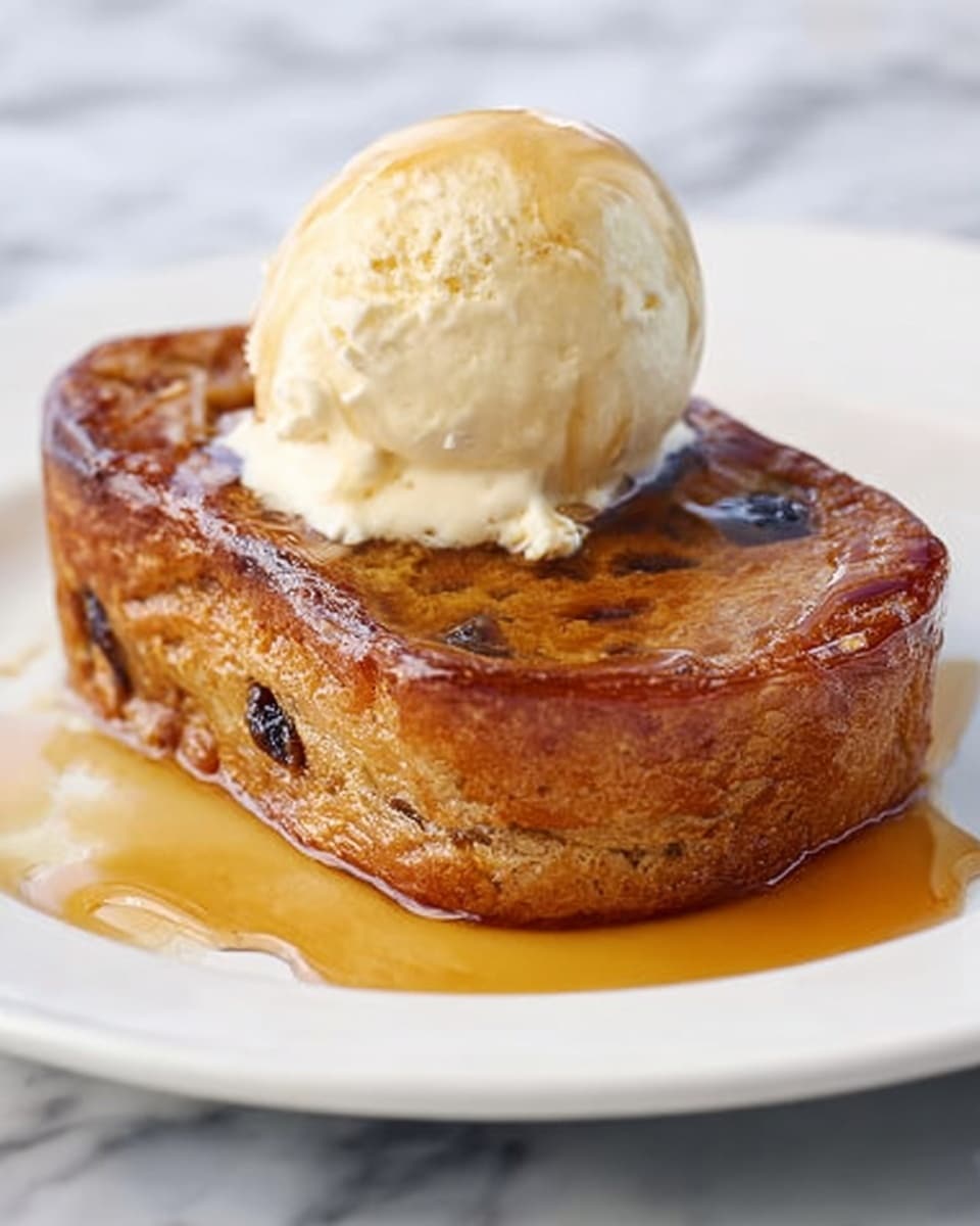 A close-up image of a thick, round piece of bread pudding with visible dark raisins inside, placed in the center of a white plate. The bread pudding has a shiny, golden brown crust on top that looks moist and rich, with syrup dripping down its sides and pooling lightly on the plate. On top of the bread pudding, there is a smooth, round scoop of pale yellow vanilla ice cream, which is slightly melting and covered with a small drizzle of syrup. The whole scene sits on a white marbled surface that softly reflects light. photo taken with an iphone --ar 4:5 --v 7