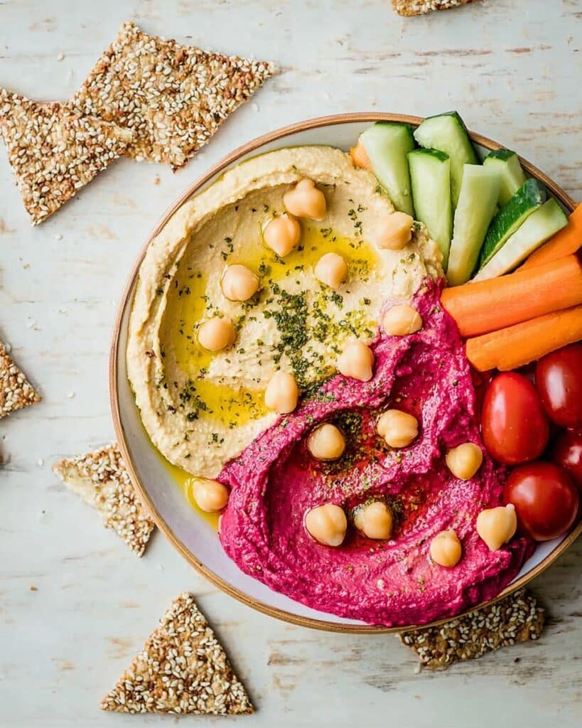 Rainbow Hummus Plate with Colorful Vegetables and Za’atar Drizzle Recipe