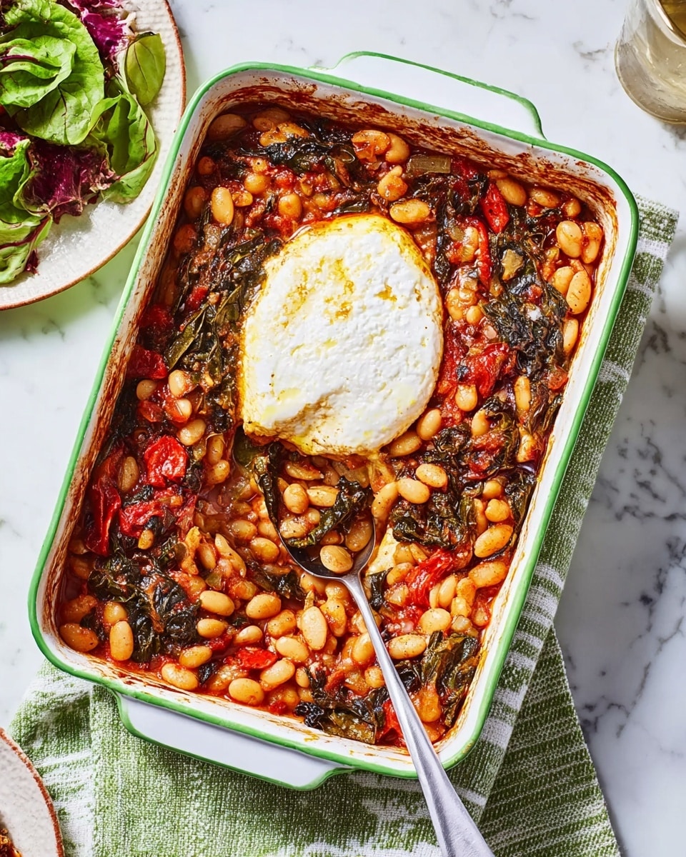 A rectangular white baking dish with a green rim is filled with a thick, chunky stew of beans and vegetables in rich red tomato sauce. The stew has visible pieces of cooked beans, wilted dark leaves, and strips of red peppers, all mixed together with a slightly burnt, textured surface around the edges. In the center, a round wheel of soft white cheese sits partially broken open, showing its creamy inside. A silver spoon rests in the dish, scooping some of the cheese and stew. The baking dish sits on a green and white striped cloth over a white marbled surface. Photo taken with an iphone --ar 4:5 --v 7