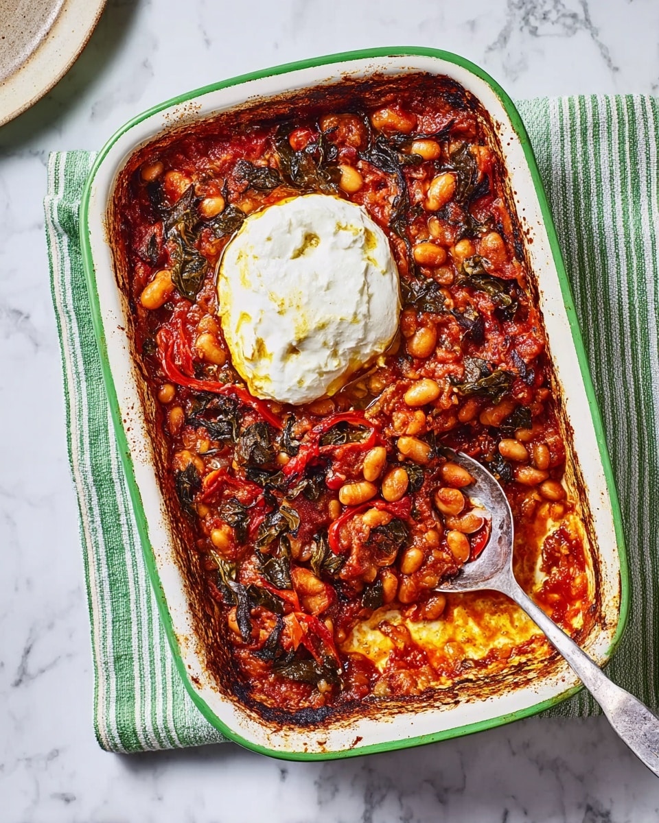 A rectangular white baking dish with green trim contains a cooked bean casserole with a mix of small white beans, red peppers, and dark leafy greens in a reddish sauce. In the center, there is a thick round layer of soft white cheese, partially scooped out with a silver spoon resting inside the dish. The beans and vegetables form an uneven textured layer around the cheese, showing some browned and caramelized spots on top. The dish is placed on a white marbled surface with a green and white striped cloth partially visible underneath. A portion of a white plate with green and red leafy salad can be seen on the side. Photo taken with an iphone --ar 4:5 --v 7
