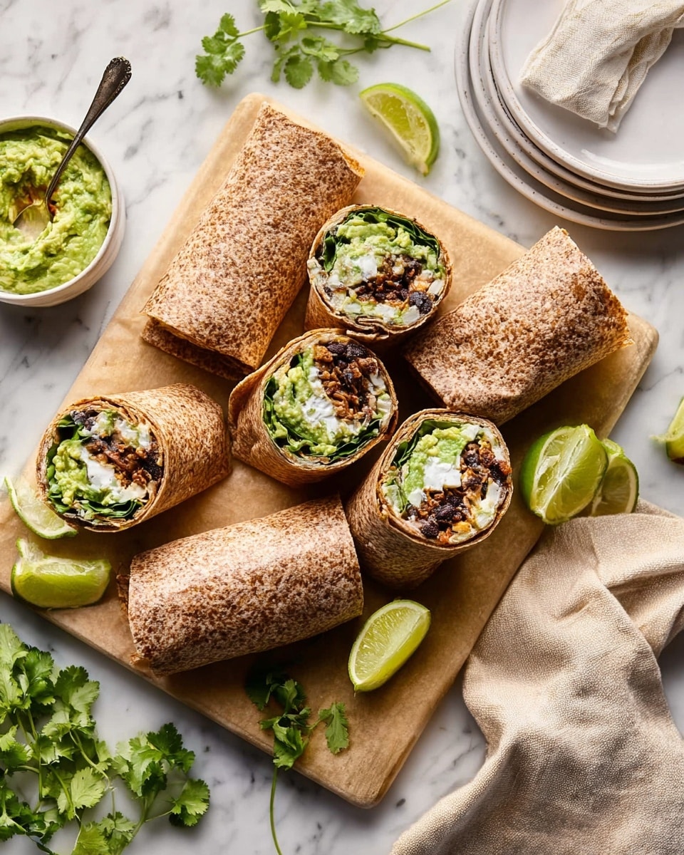 The image shows four whole wheat burritos on a wooden board placed on a white marbled surface. Two burritos are whole, light brown with a soft texture, and two are cut in half revealing layered fillings that include green guacamole, white sour cream, dark red beans or meat, and rice with a yellowish-brown tint. Lime wedges and fresh green cilantro leaves are scattered around the board. A coral white bowl with green guacamole and a silver spoon is placed in the upper left corner. A stack of white plates with a beige cloth napkin is in the upper right corner. Photo taken with an iphone --ar 4:5 --v 7