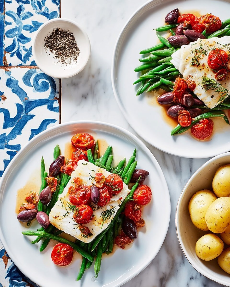 Two white plates each have a base layer of green beans spread out flat. On top of the beans is a thick, white piece of cooked fish with a slightly browned surface. The top layer is a mix of roasted red cherry tomatoes and dark purple olives, scattered with small green herb bits and drizzled with a red-brown sauce. To the side, there is a white bowl with small black pepper pieces inside and a white bowl filled with yellow potato wedges. The dishes are set on a white marbled surface with blue and white patterned tiles visible. Photo taken with an iphone --ar 4:5 --v 7