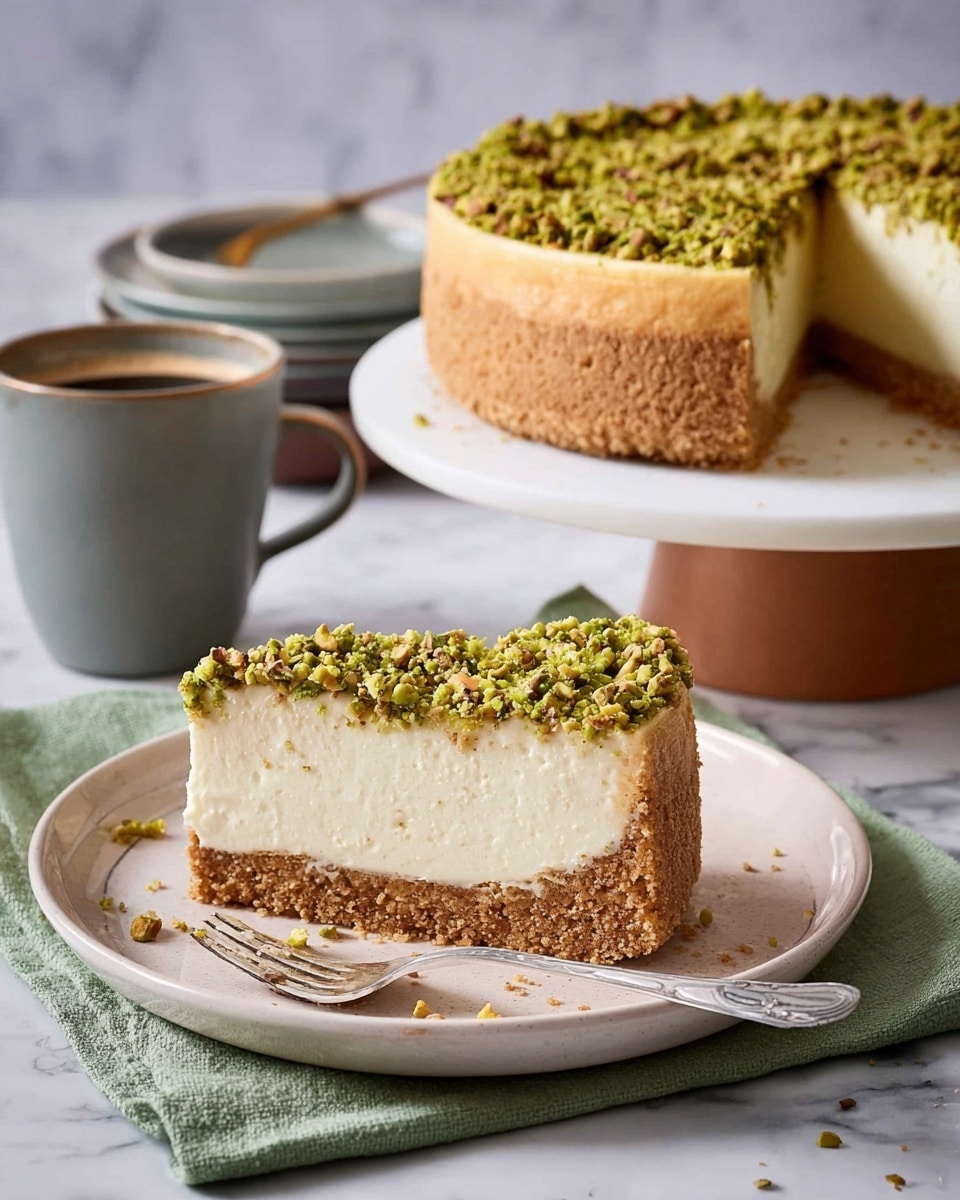 A thick slice of cheesecake is on a white plate, showing three layers: a crumbly golden brown crust at the bottom and sides, a large creamy white middle layer of cheesecake filling, and a top layer of finely crushed green pistachios. Behind it, the rest of the cheesecake sits on a white cake stand with the same three layers visible and one slice missing. A gray cup with coffee sits next to it on a white marbled texture with a green cloth and a fork nearby. photo taken with an iphone --ar 4:5 --v 7
