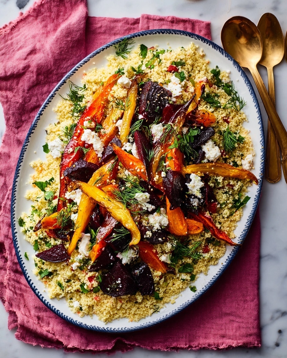 A white oval plate sits on a white marbled surface, holding a colorful layered dish. The base layer is light yellow couscous, spread evenly across the plate. On top of the couscous are roasted vegetable slices, mainly deep purple beets and orange carrots, arranged in an irregular pile. Crumbled white cheese is scattered over the vegetables, spotting bits of red from beet juice mixed in. Green herb leaves and sprigs add fresh color throughout the dish. Two gold utensils rest nearby on the marbled background, next to a folded soft pink cloth. photo taken with an iphone --ar 4:5 --v 7