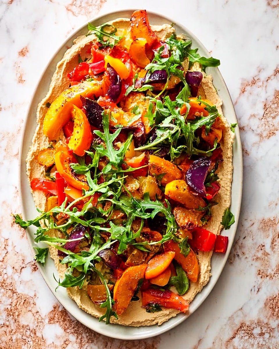 A white long oval plate holds a colorful roasted vegetable dish layered over a creamy beige base spread thinly on the plate. The top layer has various roasted vegetables including bright orange pumpkin slices with seeds, red bell pepper slices, purple onion chunks, and small orange carrots. Fresh green arugula leaves are scattered evenly across the vegetables, adding a bright contrast. The plate is placed on a white marbled surface with soft natural light enhancing the warm colors. Photo taken with an iphone --ar 4:5 --v 7