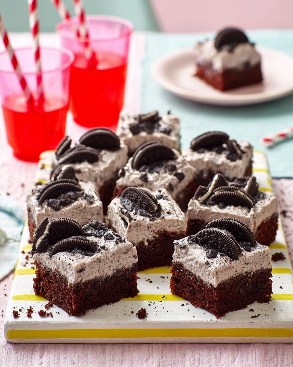 The image shows 12 small square pieces of chocolate cake cut and arranged on a yellow wooden board with two white stripes near the bottom. Each cake piece has two layers: a thick, dark brown moist chocolate cake base and a thick layer of light brown cream with black cookie crumbs mixed in, topped with half or broken pieces of black and white sandwich cookies. The board is placed on a striped pastel-colored fabric, and in the background, there are two white paper cups with red-orange drinks and striped straws. Another cake piece is seen slightly out of focus on a small white plate on the top left. The photo is taken with an iphone --ar 4:5 --v 7