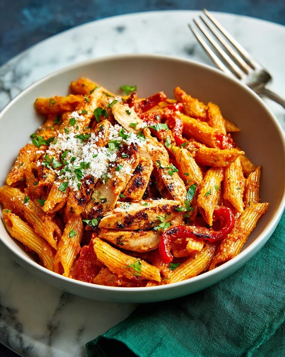 A bowl of pasta with three main layers; the bottom layer is penne pasta coated in a rich red-orange sauce, the middle layer has tender slices of cooked chicken and strips of red bell pepper, both with grill marks and a slight sheen, while the top layer is a sprinkling of chopped green herbs and white grated cheese, adding color contrast. The bowl is white, and it sits on a white marbled surface, with a fork placed beside it and a green cloth napkin partially visible. Photo taken with an iphone --ar 4:5 --v 7