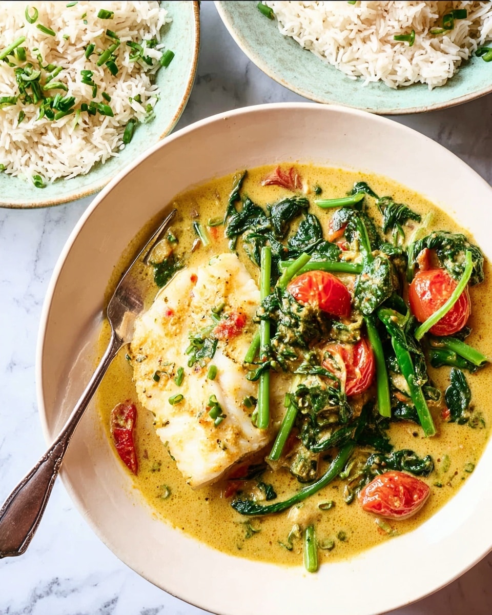 In the center of a white plate, there is a creamy yellow curry sauce with a slightly grainy texture, filled with bright green leafy spinach and green vegetable stalks. Scattered within the sauce are small, shiny red cherry tomatoes. On top, a piece of white fish fillet with a soft texture is placed, slightly browned and partially resting on the vegetables. A silver fork is inserted into the sauce near the bottom left side. Next to the plate, a white bowl holds white rice mixed with chopped green herbs, sitting on a white marbled surface. photo taken with an iphone --ar 4:5 --v 7
