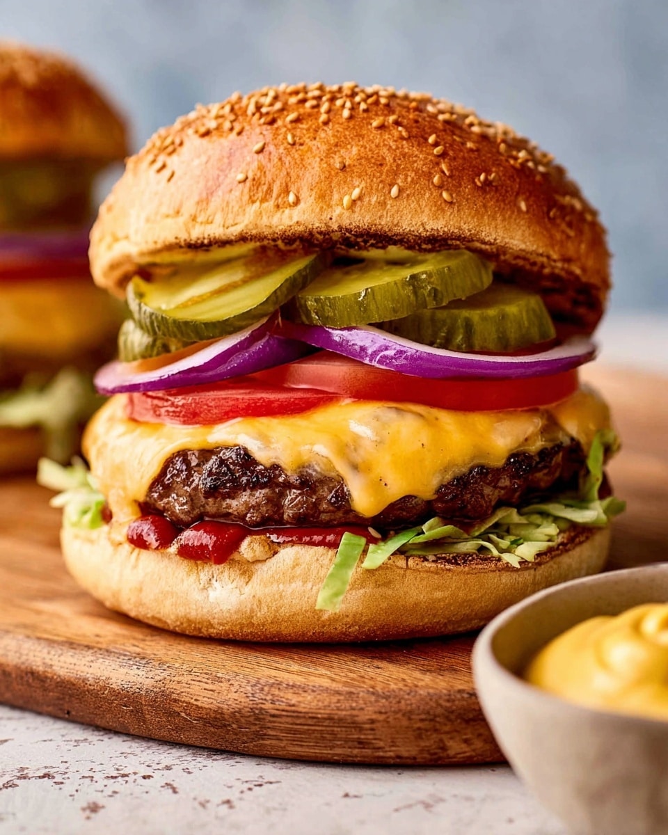 The image shows a close-up of a cheeseburger on a white sesame seed bun placed on a wooden board with a small white bowl of mustard on the side. The burger has five visible layers: at the bottom, a toasted golden bun with ketchup and shredded green lettuce; above this, thick slices of red tomato and purple onion rings; then a juicy grilled beef patty covered with melted light yellow cheese; on top of the cheese, four green pickle slices arranged side by side; finally, the top toasted bun is leaned slightly to the side, revealing the layers clearly. The background is a white marbled texture, and the lighting highlights the texture and colors of the burger. photo taken with an iphone --ar 4:5 --v 7