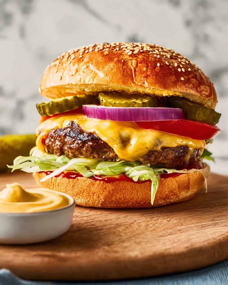 A close-up of a sesame seed bun burger resting on a wooden board with a white marbled texture background. The burger has six layers starting from the bottom: a lightly toasted bottom bun with ketchup and bits of green shredded lettuce visible, a layer of purple onion rings, two slices of bright red tomato, a juicy grilled beef patty covered in melted pale yellow cheese, topped with several slices of green pickles. The top bun is slightly tilted back, showing the layers clearly. A small bowl of yellow mustard is partly visible in the bottom right corner. Photo taken with an iphone --ar 4:5 --v 7