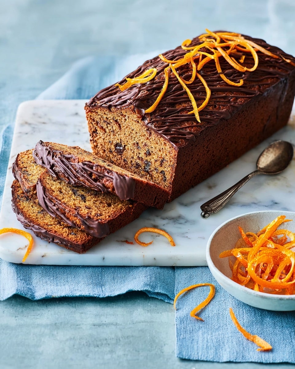 A loaf cake with two visible slices cut at the front, showing its dense, moist brown interior speckled with dark bits. The top layer is drizzled with dark chocolate and scattered with thin, curled orange peel strips. The cake sits on a white serving tray with a simple design, which also holds a spoon on the right side. In front of the tray, there is a small white bowl filled with more orange peel strips, some spilling out onto a white marbled surface covered partly by a soft blue cloth. The entire scene is brightly lit, showing textures clearly. photo taken with an iphone --ar 4:5 --v 7