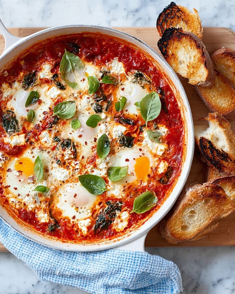A white pan filled with a layered shakshuka dish where the bottom layer is a thick, bright red tomato sauce mixed with green cooked spinach pieces, topped with broken white ricotta cheese and soft, slightly runny white eggs with bright yellow yolks visible in some spots, garnished with fresh green basil leaves scattered on top, next to the pan on a wooden board are several toasted golden brown bread slices with some charred edges, all set on a white marbled textured surface with a light blue checkered cloth partly under the pan and board photo taken with an iphone --ar 4:5 --v 7
