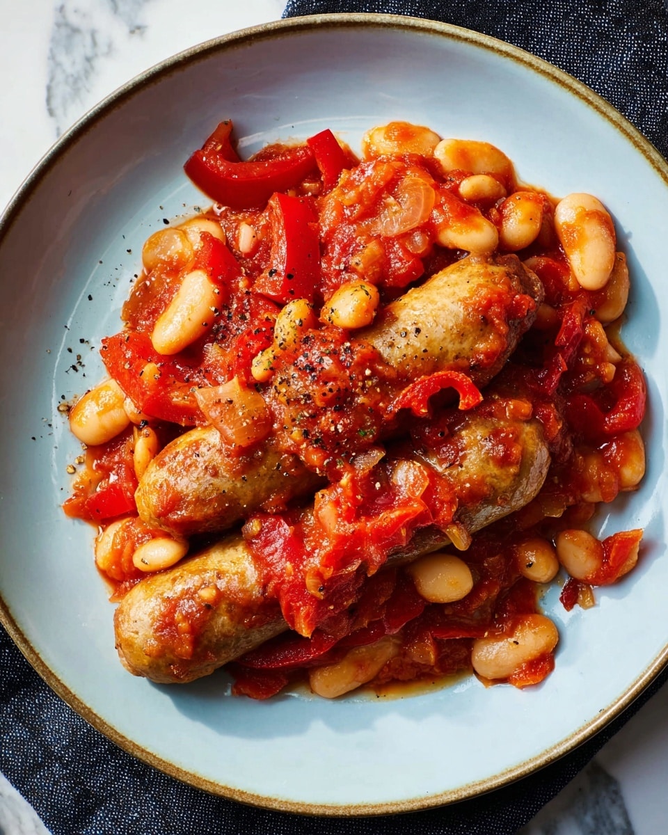 A close-up top view of a dish on a round white plate filled with three browned sausages partly covered by a chunky red tomato sauce mixed with whole white beans and thin strips of cooked red bell peppers, with some visible black pepper sprinkled on top; the plate is set on a white marbled textured surface. photo taken with an iphone --ar 4:5 --v 7
