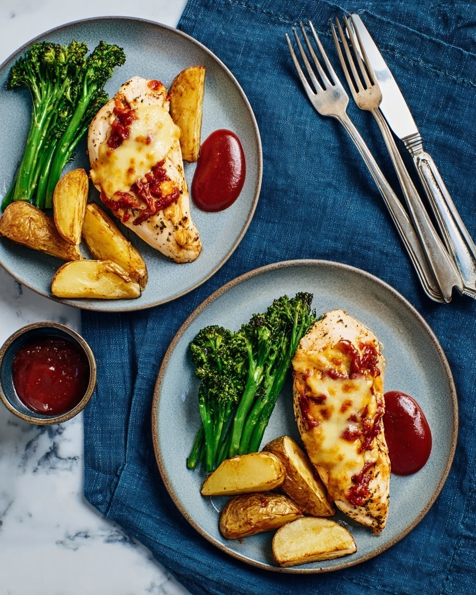Two grey plates sit on a blue cloth-covered surface with a white marbled texture underneath. Each plate holds a chicken breast topped with melted cheese and red sauce, with the chicken showing a light golden-brown color under the cheese. To one side of the chicken, there are green broccoli stems arranged neatly. On the other side, several thick golden-brown potato wedges are stacked. A dollop of dark red ketchup sits near the potatoes. There are two metallic forks and two knives placed on a folded navy blue napkin next to the plates. Photo taken with an iphone --ar 4:5 --v 7