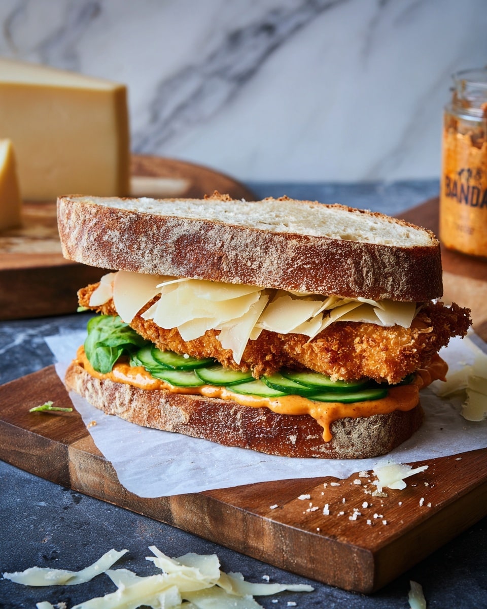A thick sandwich on a wooden board with two slices of toasted crusty white bread. The bottom layer has green lettuce leaves and thin sliced cucumber, with a layer of orange sauce spread underneath. Above this is a large, golden-brown crispy breaded chicken fillet, topped with shredded pale yellow cheese and drizzled with more orange sauce. The sandwich is surrounded by scattered pieces of cheese, a small white bowl filled with more orange sauce, and a large wedge of hard cheese in the background. The setting features a white marbled surface underneath. photo taken with an iphone --ar 4:5 --v 7