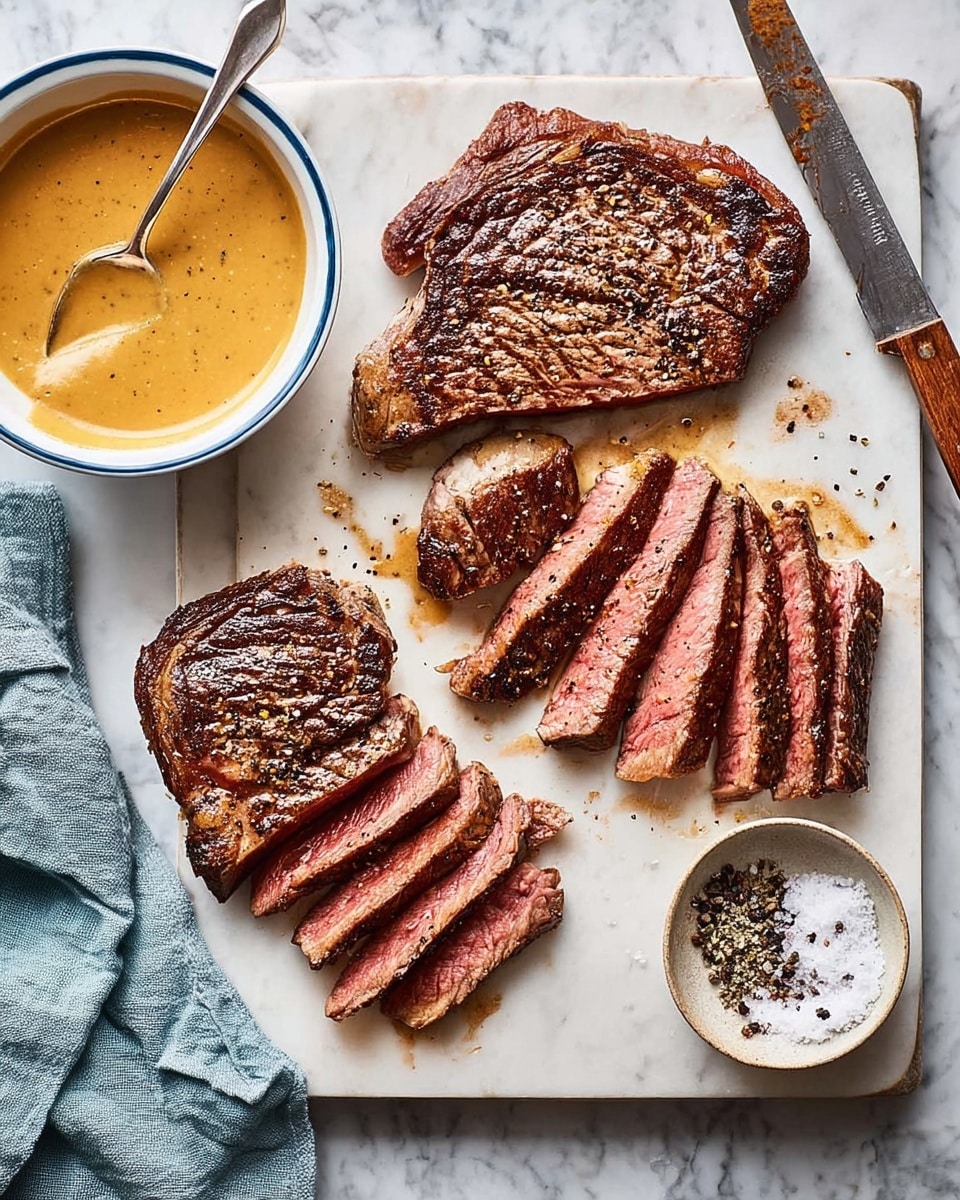 The image shows a white cutting board on a white marbled surface with three cooked steaks, each partially sliced to reveal a pink, medium-rare inside. The steaks have browned, seasoned crusts with visible black pepper and salt. One steak is cut into thick, long slices on the left side, another on the right side with thinner slices, and the third at the bottom partially sliced with some pieces fanned out. A serrated knife with a wooden handle rests at the top of the board. To the left of the board is a white bowl filled with smooth orange sauce, with a spoon inside, and a blue cloth next to it. On the bottom right of the board is a small white bowl with coarse salt and pepper. Photo taken with an iphone --ar 4:5 --v 7