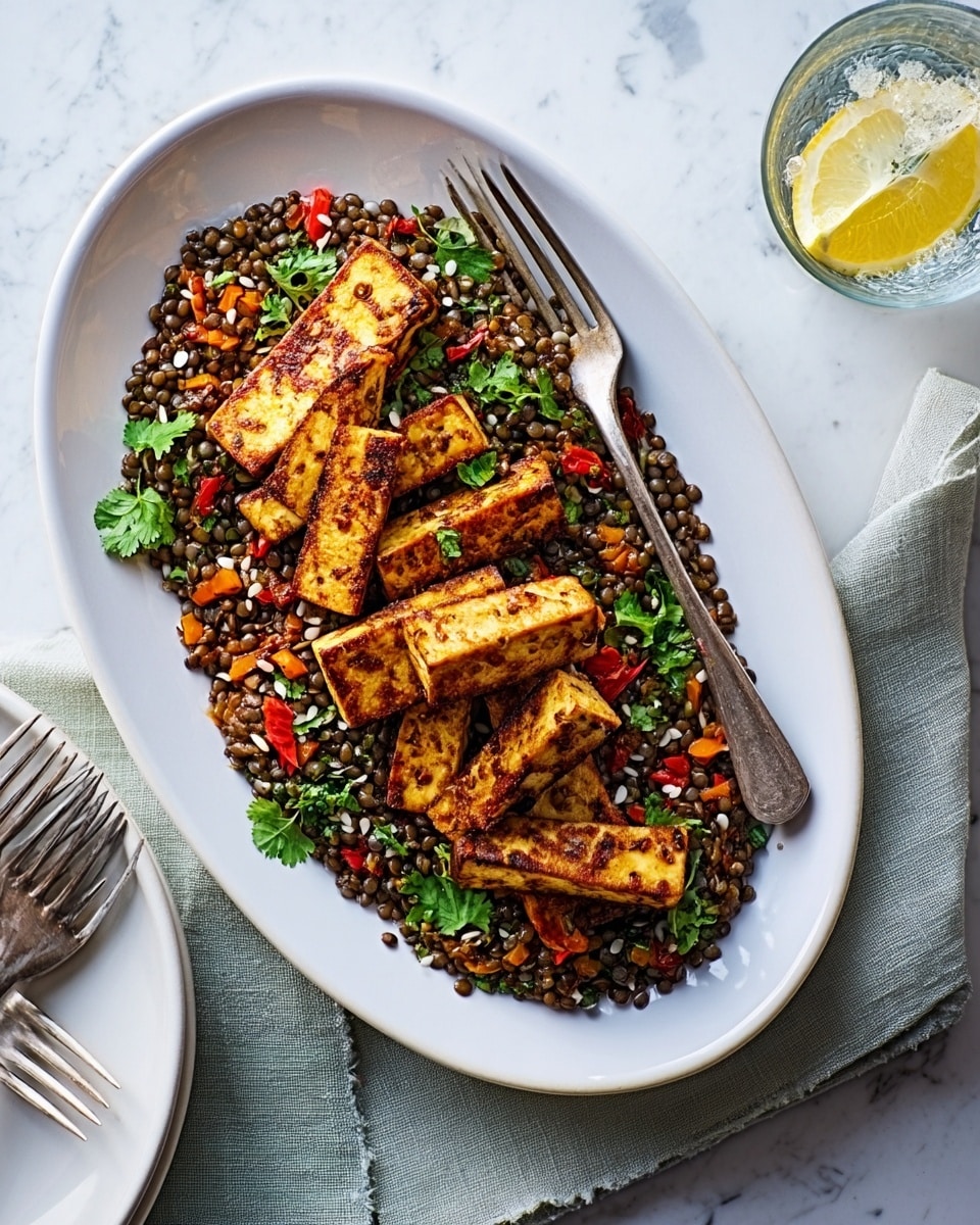A white oval plate holds a colorful dish with two main layers. The bottom layer is a mix of black lentils, finely chopped red bell peppers, and green herbs, giving a speckled texture with deep earthy and bright spots. On top, there are several pieces of golden-brown grilled tofu, each piece rectangular and slightly charred, placed evenly across the lentil mix. Small green parsley leaves are scattered over the dish, adding bright green highlights. To the left of the plate are two long metal serving spoons, and to the right, there is a stack of white plates with a folded greenish-gray napkin and a fork resting on top. In the upper right corner, a glass with lemon water sits on a white marbled surface. photo taken with an iphone --ar 4:5 --v 7