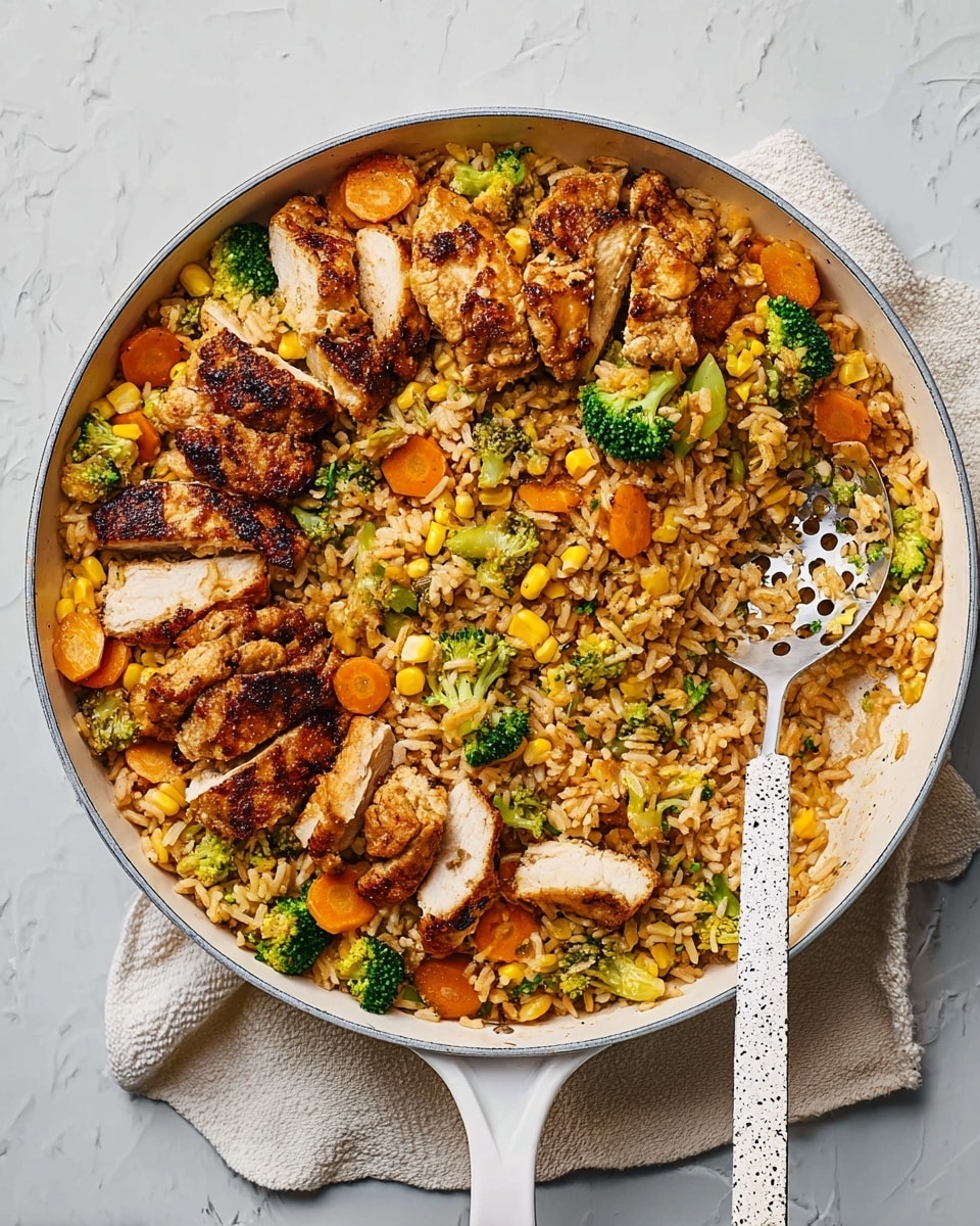 A white round pot filled with a cooked rice and vegetable dish, topped with browned pieces of chicken. The dish has an even mix of golden-brown fried chicken pieces placed on top, along with bright orange carrot slices, green broccoli florets, yellow corn kernels, pale cooked onions, and light brown rice, all mixed evenly. A silver slotted spoon with a wooden handle is resting inside the pot, slightly lifting some rice and vegetables. The pot is placed on a white cloth with faint stripes, set on a white marbled surface. photo taken with an iphone --ar 4:5 --v 7