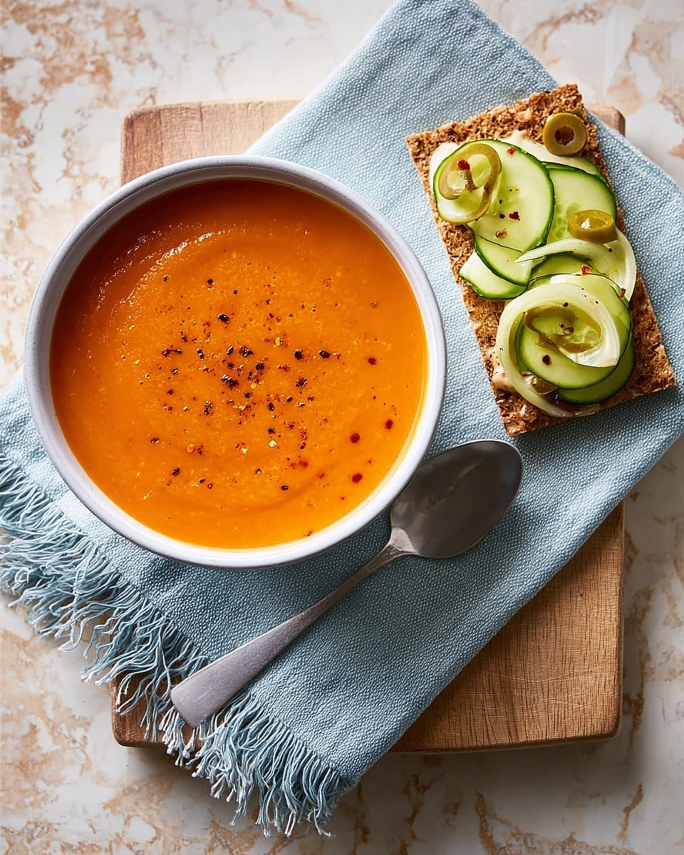 A white bowl filled with smooth orange soup topped with small black pepper flakes sits on a light blue cloth with fringed edges, placed on a wooden board. Next to the bowl is a silver spoon resting on the cloth. Above the bowl, there is a rectangular crispbread with a creamy spread, thin green cucumber slices layered on top, and a few light green olive rings sprinkled with red paprika. The whole scene is set on a white marbled textured surface. photo taken with an iphone --ar 4:5 --v 7