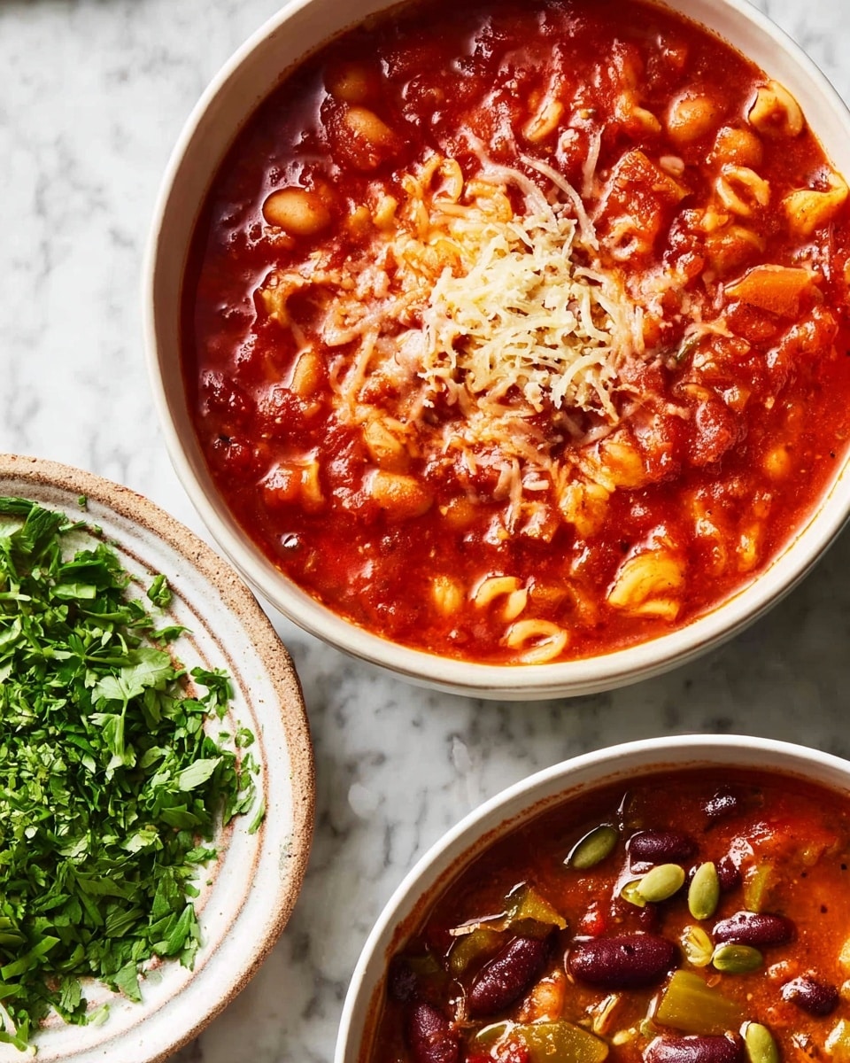 The image shows two white bowls filled with thick red soups. The top bowl has a bright red tomato-based soup with small round white beans and short pasta pieces, all mixed in a smooth texture, topped with shredded cheese sprinkled evenly. The bottom bowl contains a chunkier soup with a deeper red sauce, featuring large pieces of vegetables, dark kidney beans, some green herbs, and a few seeds on the surface. Both bowls rest on a textured beige cloth, and to the left side, part of a small white plate holds chopped fresh green herbs. Photo taken with an iphone --ar 4:5 --v 7