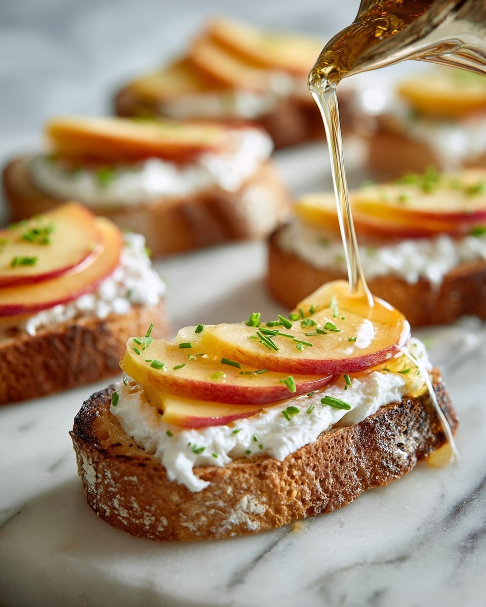 The image shows toasted bread slices topped with a thick white creamy spread, followed by thin round slices of yellow peach placed neatly on top. There are small chopped green pistachios sprinkled over the fruit along with thinly cut green basil strips. A golden liquid, likely honey, is being drizzled onto one of the peach slices, adding shine and texture. The toast pieces are arranged on a textured beige plate with a close-up focus, and the background is a white marbled surface. photo taken with an iphone --ar 4:5 --v 7