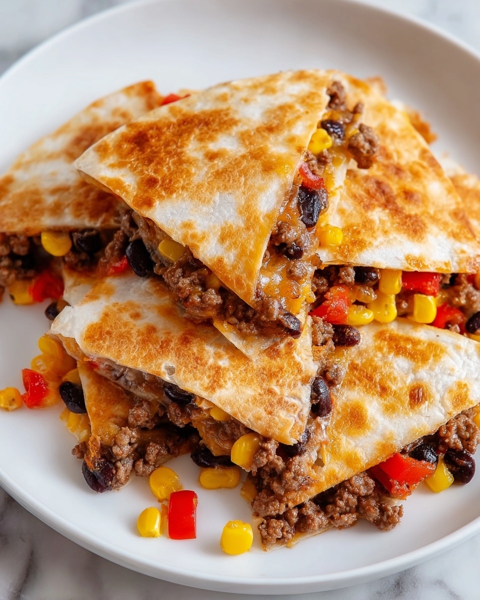 This image shows a white plate with several quesadilla triangles layered on top. Each quesadilla piece has a golden brown toasted outer layer made from a flour tortilla. Underneath the tortilla, there is a filling with visible layers of cooked ground beef in a brown color, black beans, bright yellow corn kernels, and diced red bell peppers, giving a mix of colors and textures. The quesadilla pieces are slightly overlapping, and some of the filling is peeking out from the edges. The plate is set on a white marbled surface. Photo taken with an iphone --ar 4:5 --v 7
