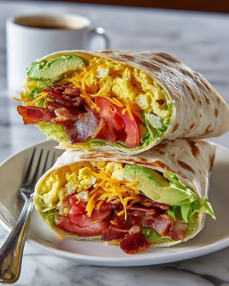 A breakfast wrap cut in half and stacked on a white plate on a white marbled surface. Each wrap half shows multiple layers: a soft, light brown tortilla on the outside, bright green shredded lettuce beneath it, yellow scrambled eggs with white patches next to chunks of green avocado, topped with red tomato slices and sharp orange shredded cheddar cheese, and finished with crispy, dark brown bacon strips on top. A silver fork rests beside the plate. Photo taken with an iphone --ar 4:5 --v 7