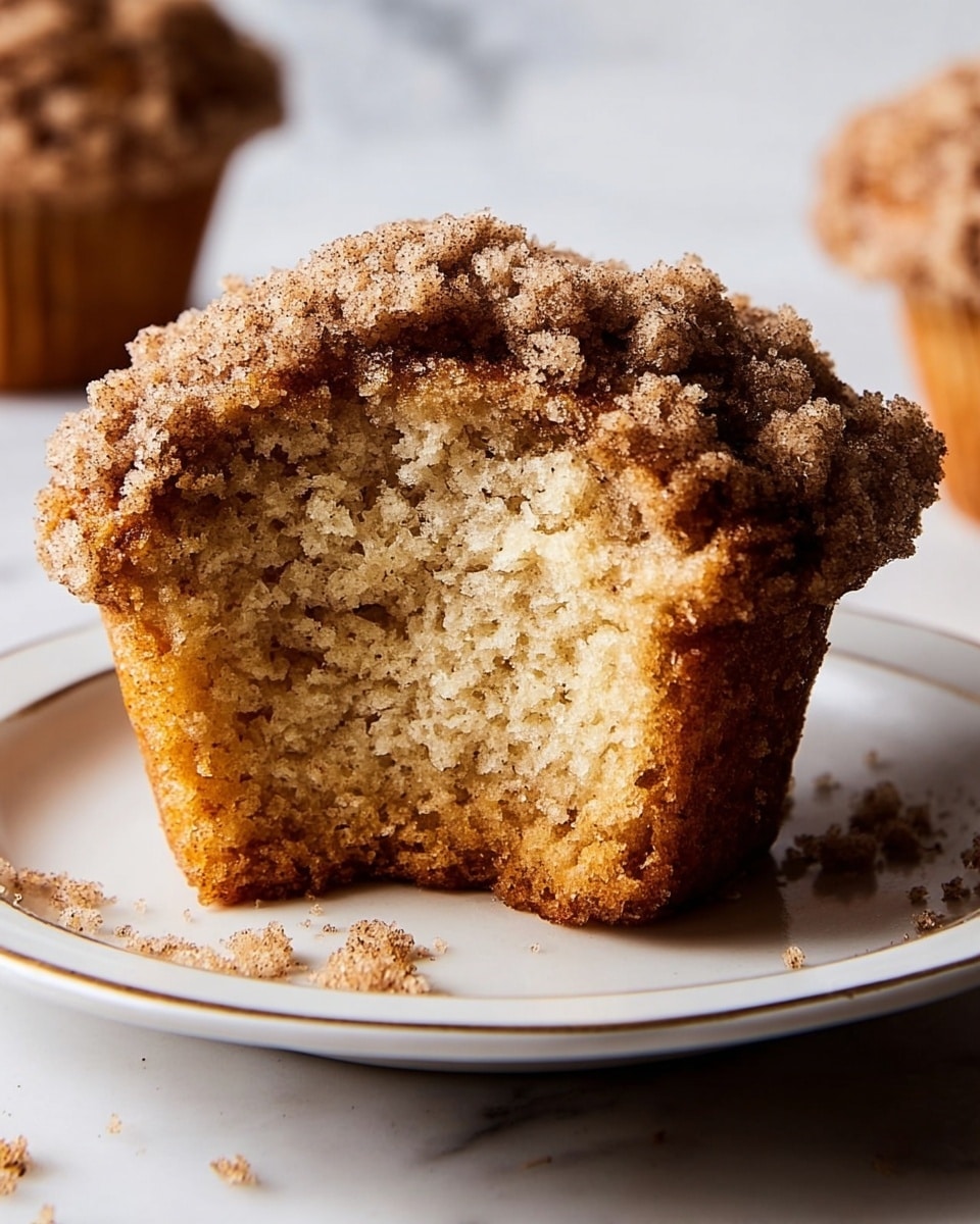 A crumb-topped muffin with two visible layers sits on a white plate with a subtle design around the edge, placed on a white marbled surface. The muffin has a dark brown, coarse crumb layer on top, thick and textured with sugar crystals. Below, the main cake layer is light beige, soft, and moist with small air holes and a slightly darker ring near the edges. The muffin is partially eaten, showing an open inside where the cake's crumb and texture smooth out toward the center, revealing a few darker spots that suggest a hint of cinnamon or filling. Crumbs are scattered lightly on the plate nearby. photo taken with an iphone --ar 4:5 --v 7